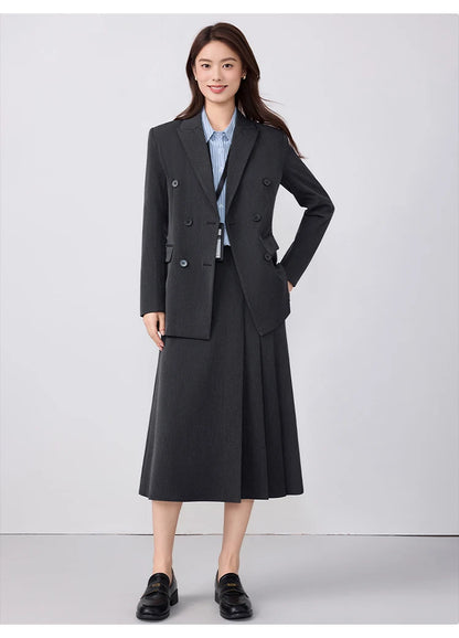 College-style blazer and pleated skirt outfit