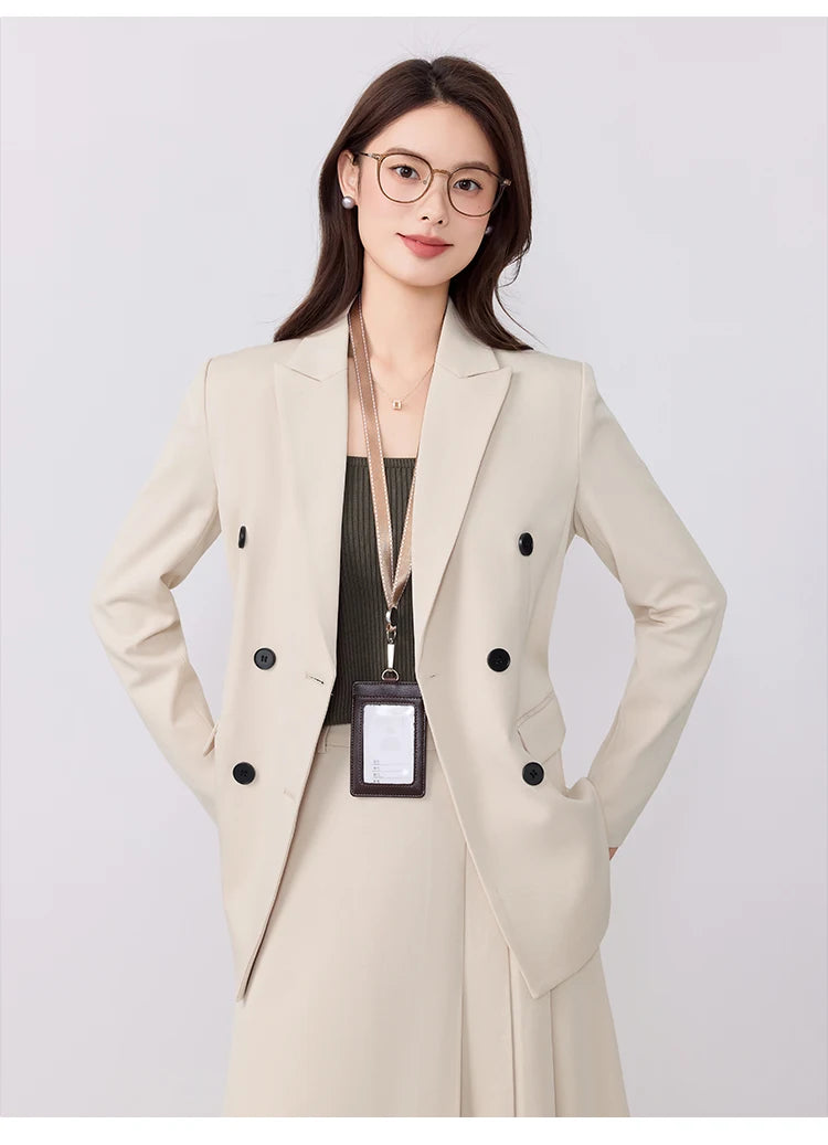 College-style blazer and pleated skirt outfit