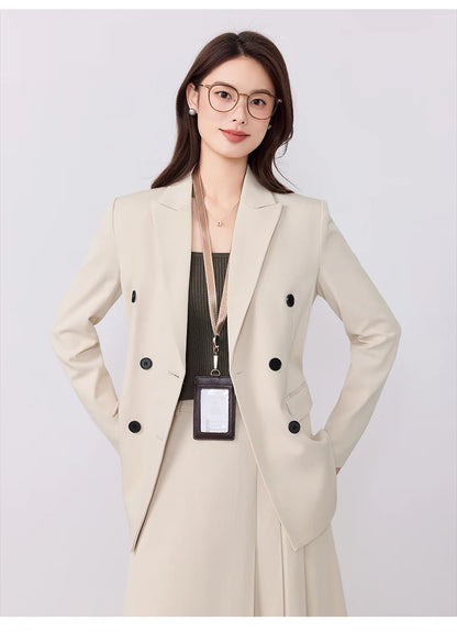 College-style blazer and pleated skirt outfit