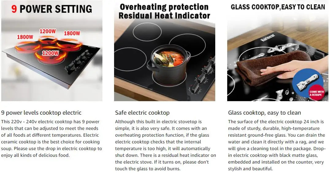Compact 24" electric cooktop, 4 burners, residual heat indicator, knob operated, hard-wire installation