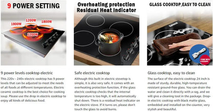 Compact 24" electric cooktop, 4 burners, residual heat indicator, knob operated, hard-wire installation