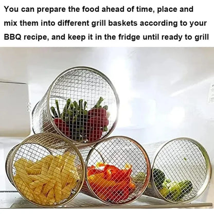 Cylinder grilling cage for vegetables, meat, and seafood on the barbecue