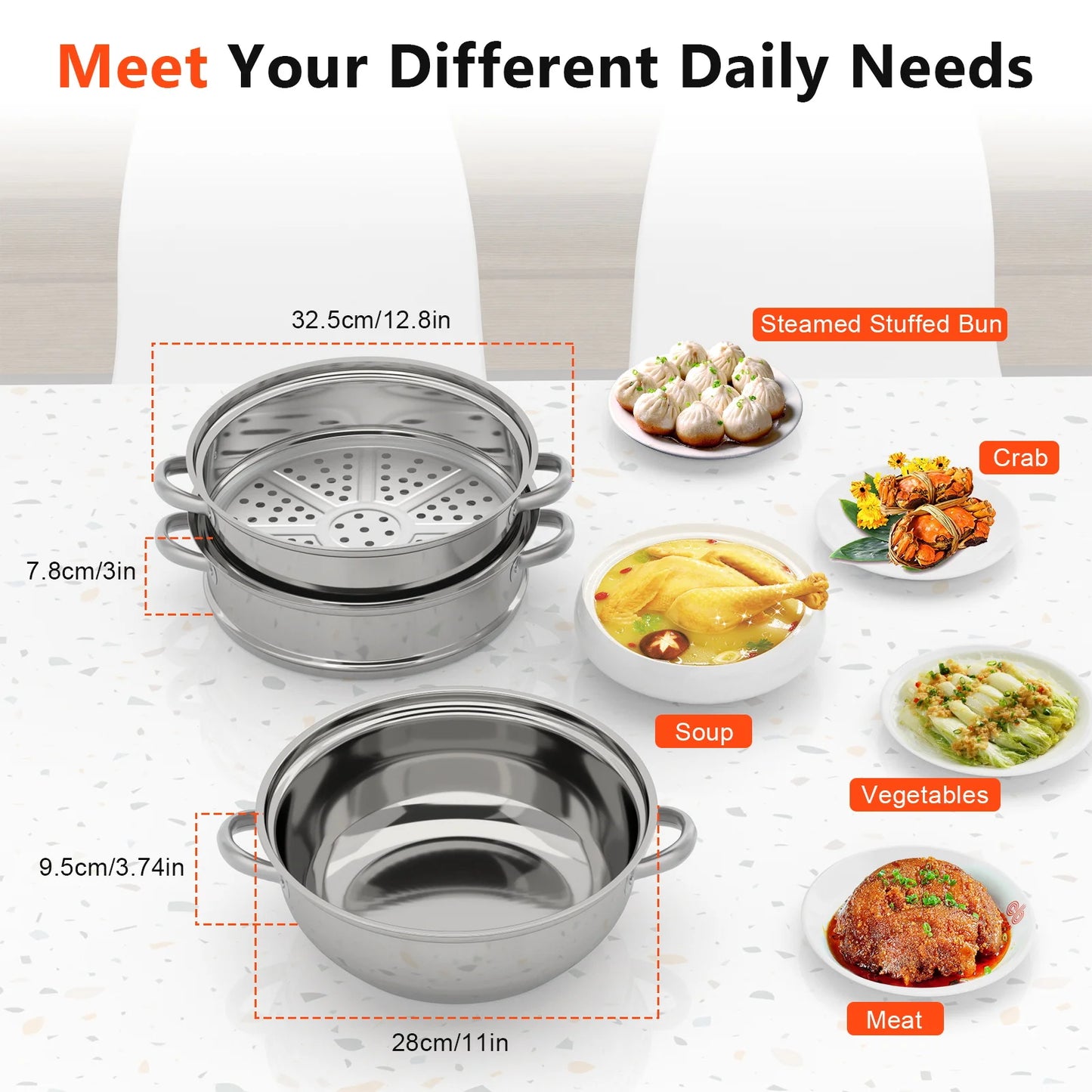 28cm 3-tier stainless steel food steamer for vegetables and large pots