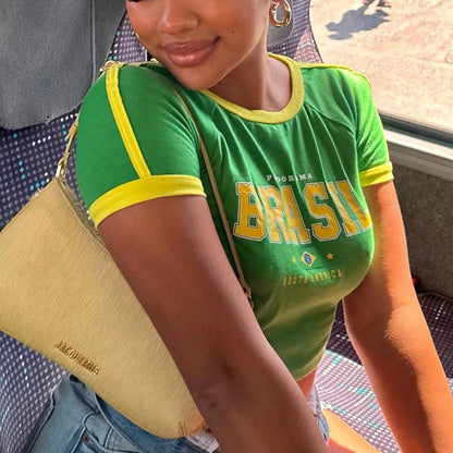 Fashionable retro Brazil print streetwear crop top