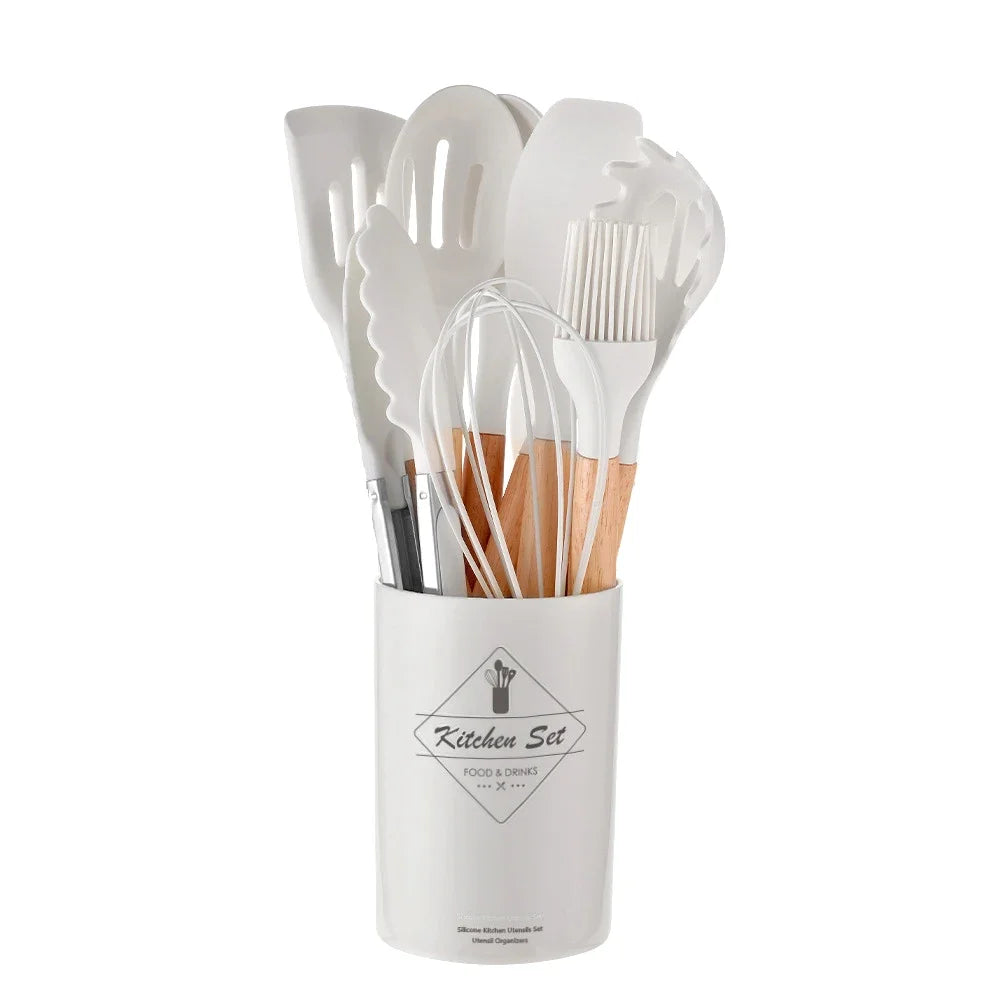 12-piece silicone kitchen utensil set with wooden handles—non-stick safe