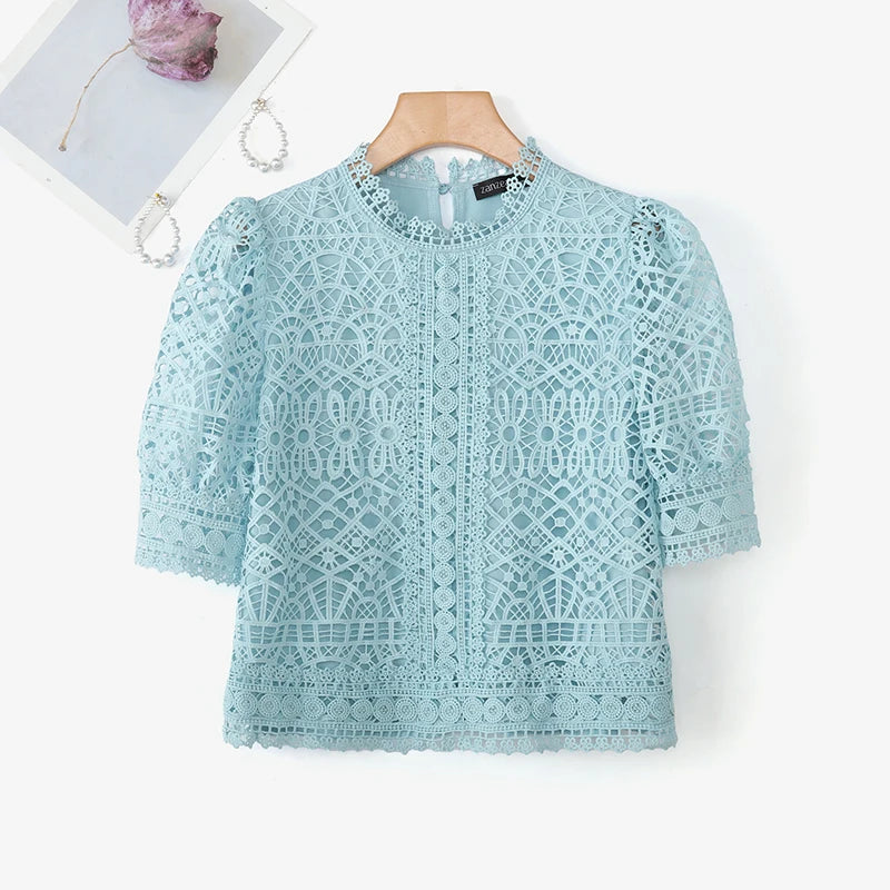 Casual loose hollow-out half puff sleeve top