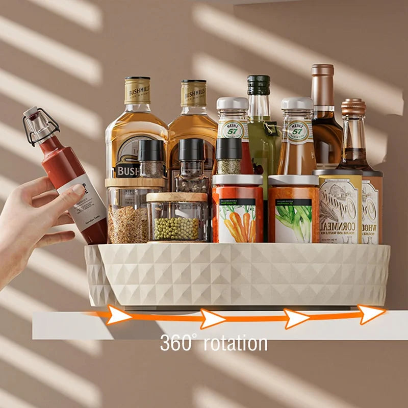 360° rotating spice rack tray for easy cabinet organization; non-slip design