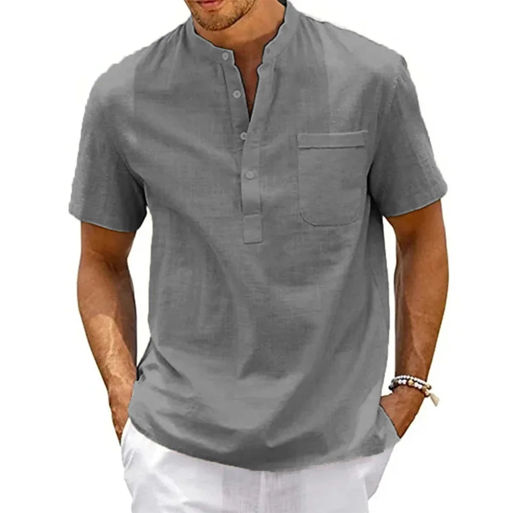 Men’s cotton-linen Henley shirt with pocket