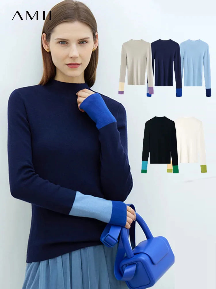 Slim-fit color-contrast pullover minimalist half-high collar sweater