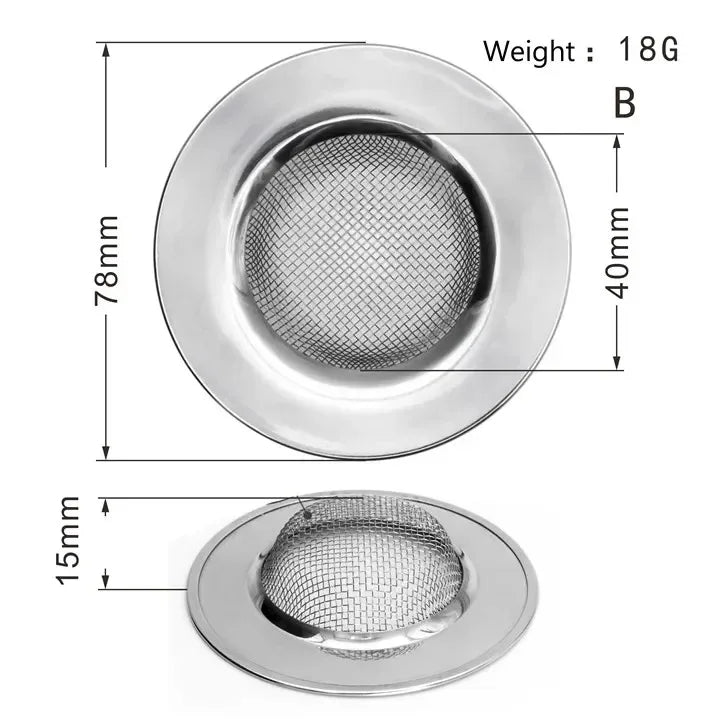Durable stainless steel drain filter with fine mesh design; fits most sink drain holes