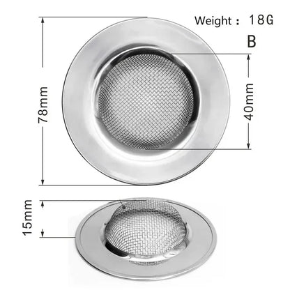 Durable stainless steel drain filter with fine mesh design; fits most sink drain holes