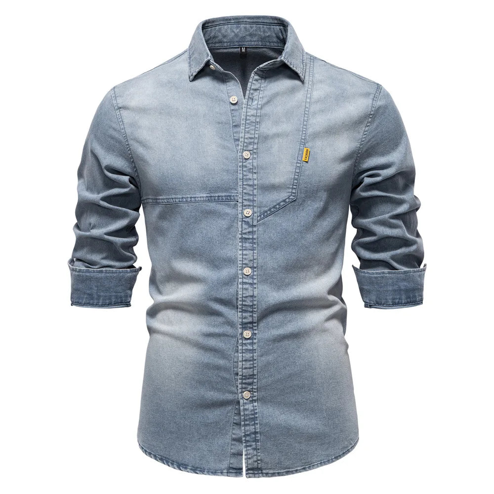 Men's casual solid - color long - sleeve denim shirt