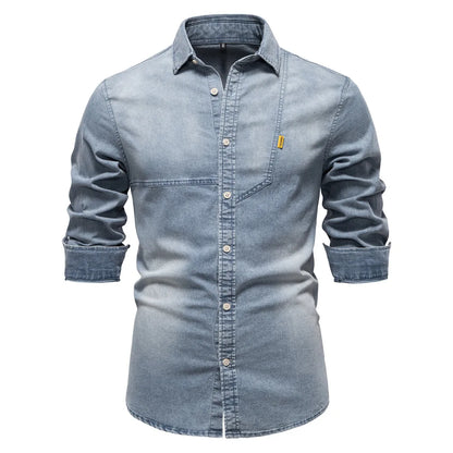 Men's casual solid - color long - sleeve denim shirt