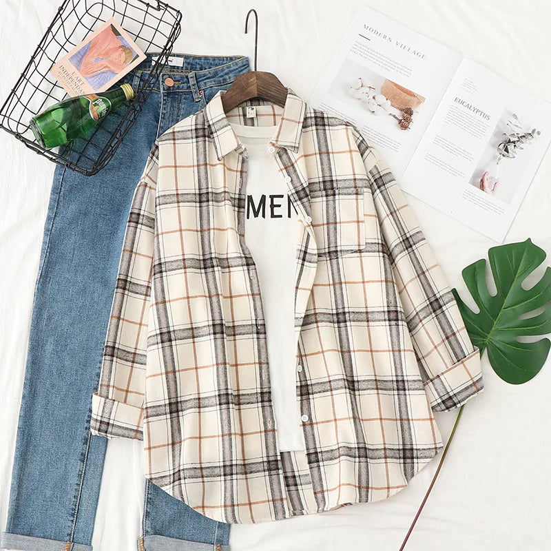 Women’s loose plaid shirt long-sleeve casual checked blouse
