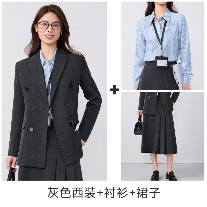 College-style blazer and pleated skirt outfit