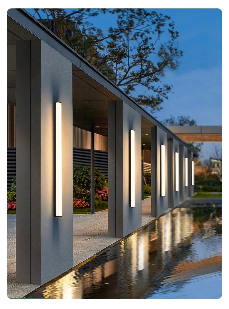Weatherproof modern LED wall sconce for outdoor spaces, IP65, long-strip style
