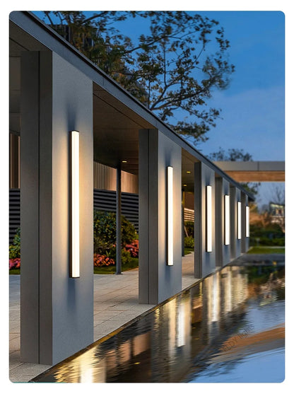 Weatherproof modern LED wall sconce for outdoor spaces, IP65, long-strip style