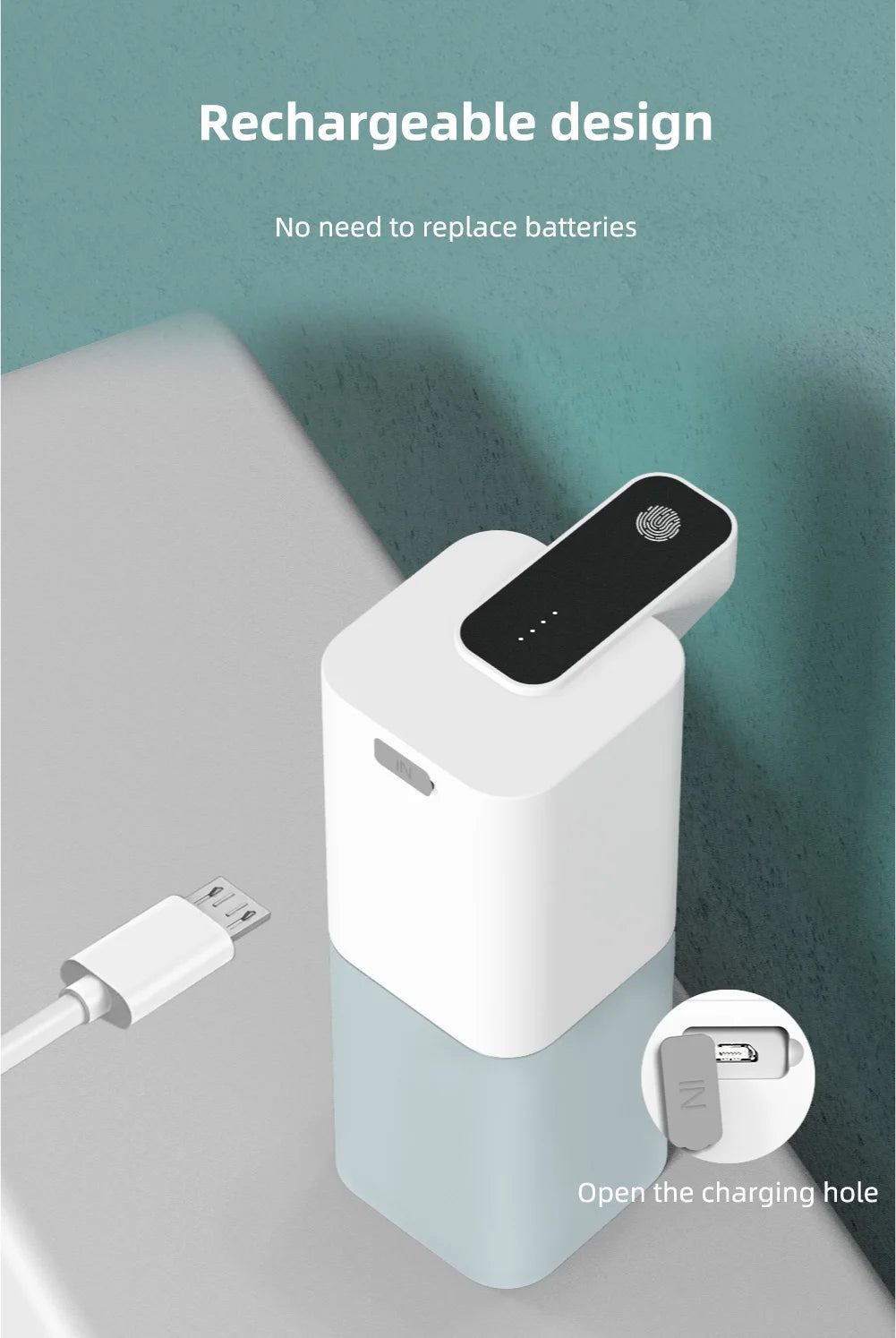 Rechargeable touch-free hand soap dispenser for clean, easy use