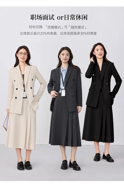 College-style blazer and pleated skirt outfit