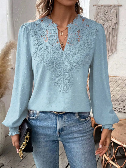 Women’s long-sleeve V-neck lace -trendy puff sleeve pullover