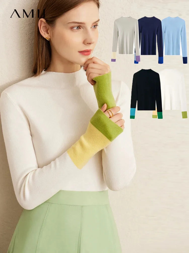 Slim-fit color-contrast pullover minimalist half-high collar sweater