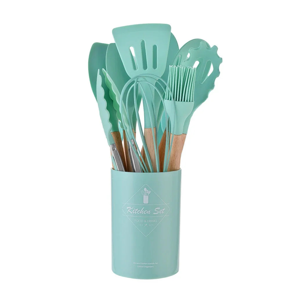 12-piece silicone kitchen utensil set with wooden handles—non-stick safe