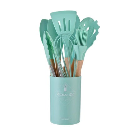 12-piece silicone kitchen utensil set with wooden handles—non-stick safe