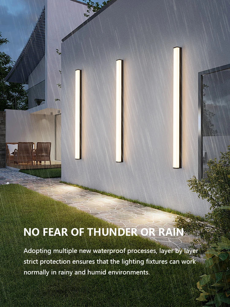 Weatherproof modern LED wall sconce for outdoor spaces, IP65, long-strip style