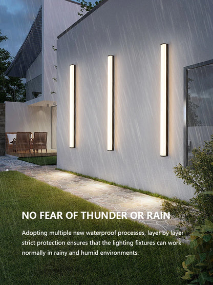 Weatherproof modern LED wall sconce for outdoor spaces, IP65, long-strip style