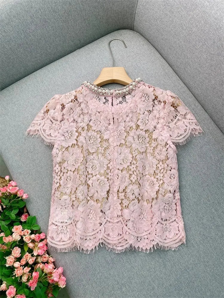 Flower lace hollow-out short sleeve top pearl-embellished