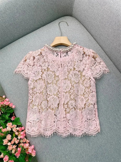 Flower lace hollow-out short sleeve top pearl-embellished