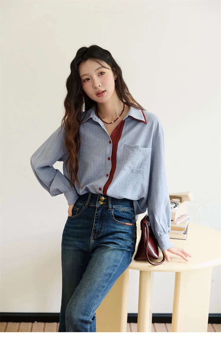 Blue-red contrasting color loose retro top