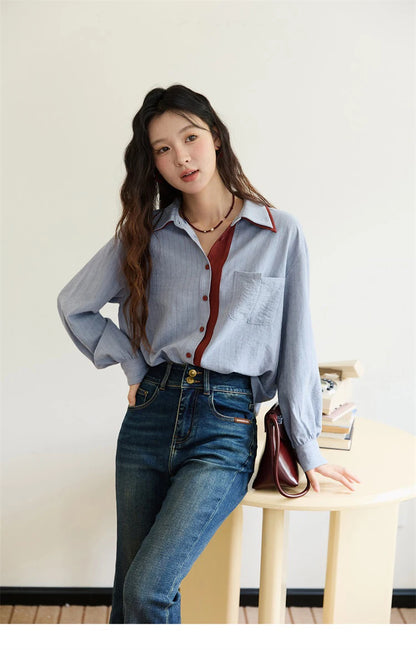 Blue-red contrasting color loose retro top