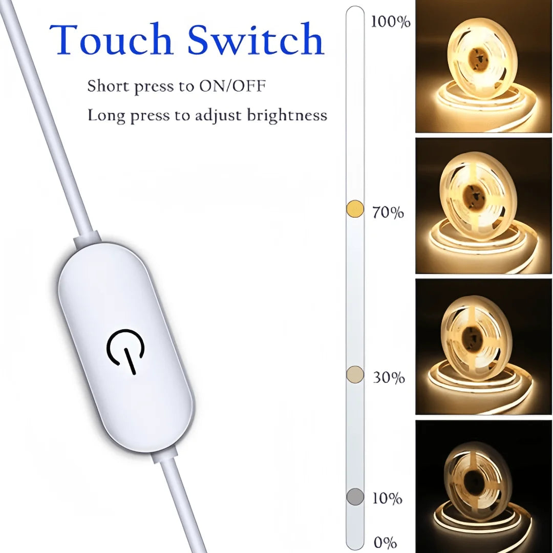 Flexible LED COB strip with touch dimmer—perfect for DIY lighting