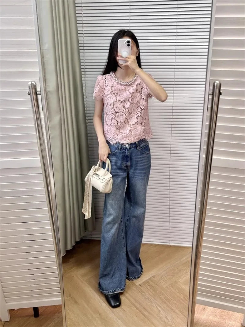 Flower lace hollow-out short sleeve top pearl-embellished