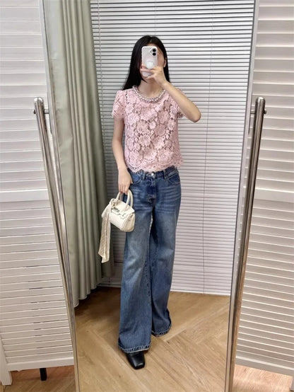 Flower lace hollow-out short sleeve top pearl-embellished