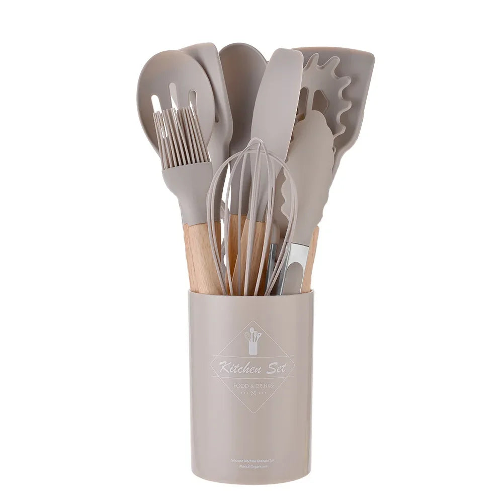 12-piece silicone kitchen utensil set with wooden handles—non-stick safe