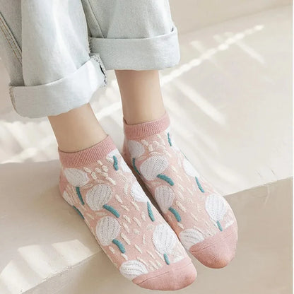 5 Pairs Kawaii 3D Flower Ankle Socks – Thin Low Cut