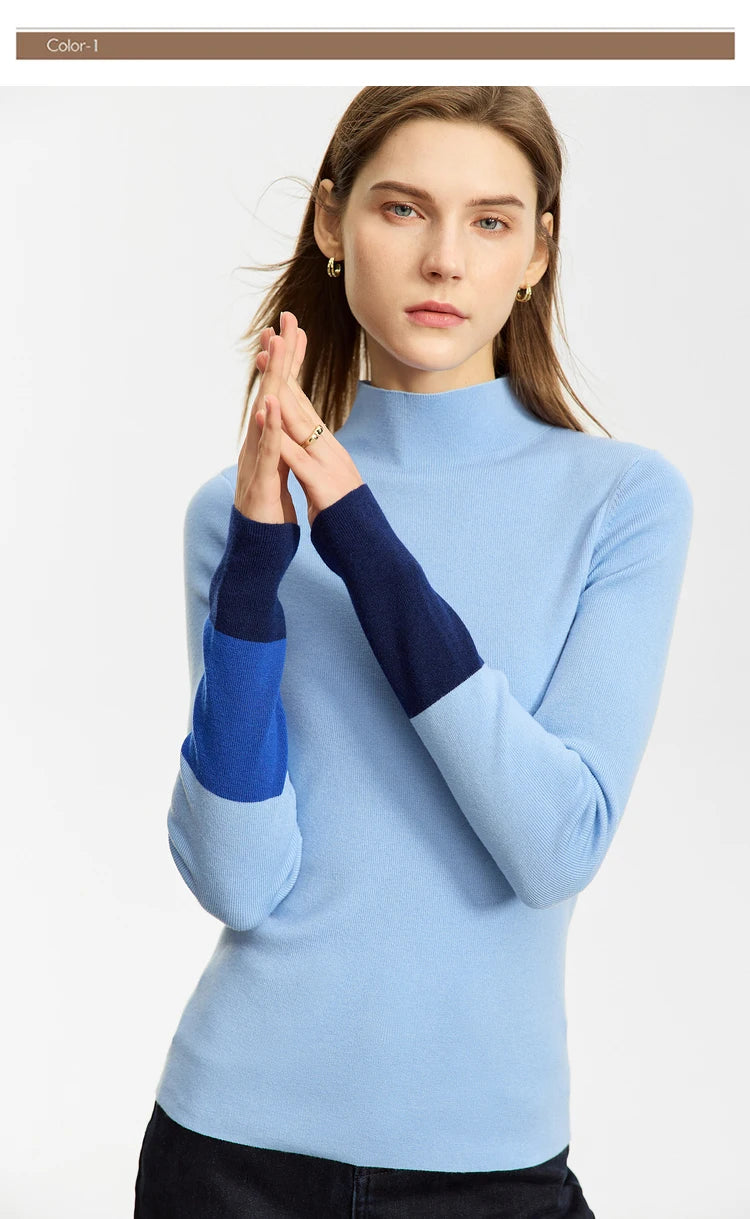 Slim-fit color-contrast pullover minimalist half-high collar sweater