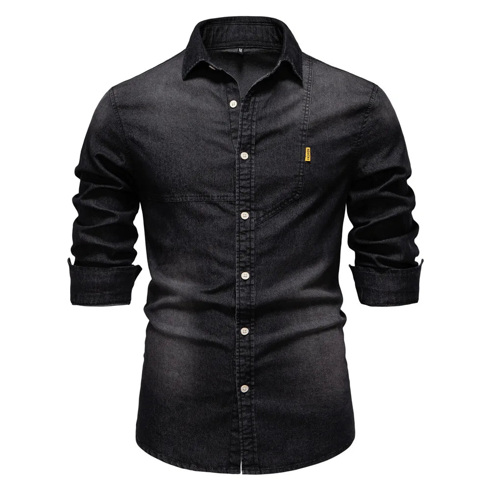 Men's casual solid - color long - sleeve denim shirt