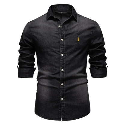 Men's casual solid - color long - sleeve denim shirt