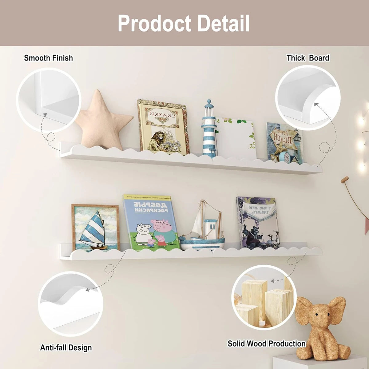 Boho Wall-Mounted Shelf, Wooden Floating Shelf for Kids' Room, Nursery Wall Decor, Scalloped Edge Display Shelf for Storage