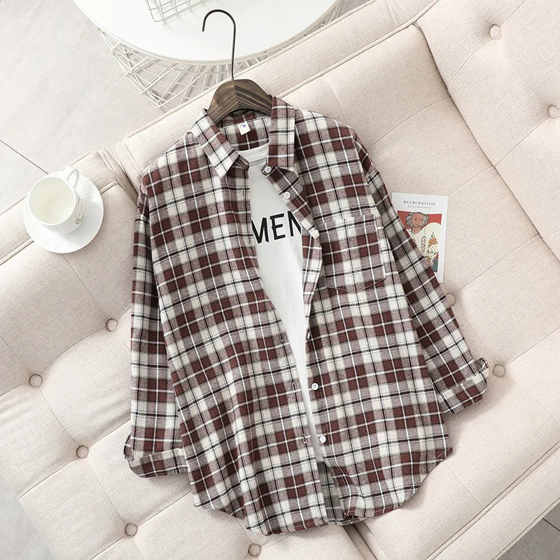 Women’s loose plaid shirt long-sleeve casual checked blouse