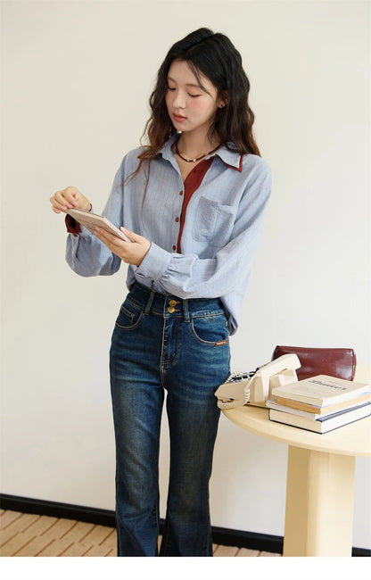 Blue-red contrasting color loose retro top