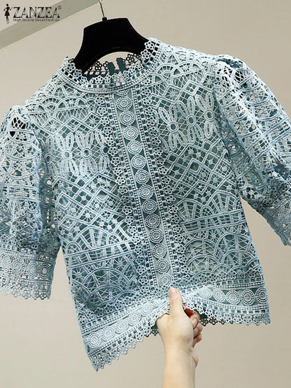 Casual loose hollow-out half puff sleeve top