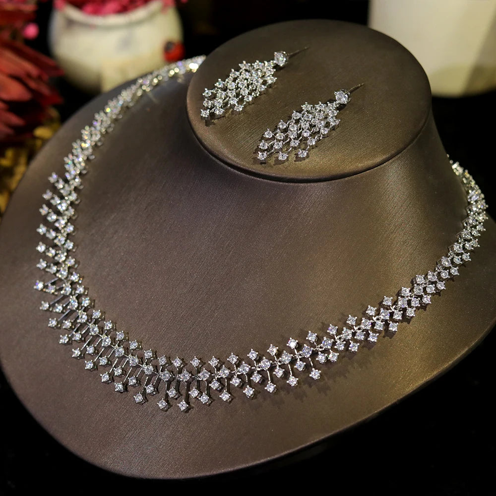 ASNORA CZ Bridal Necklace Set – Water Drop Wedding Design