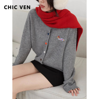 Casual knitted sweater with dog embroidery