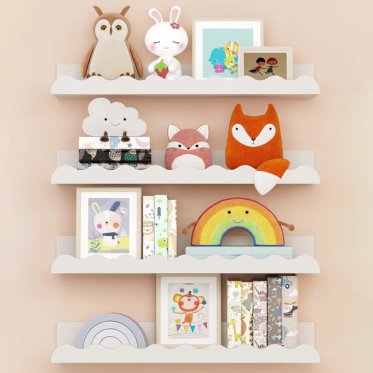 Boho Wall-Mounted Shelf, Wooden Floating Shelf for Kids' Room, Nursery Wall Decor, Scalloped Edge Display Shelf for Storage