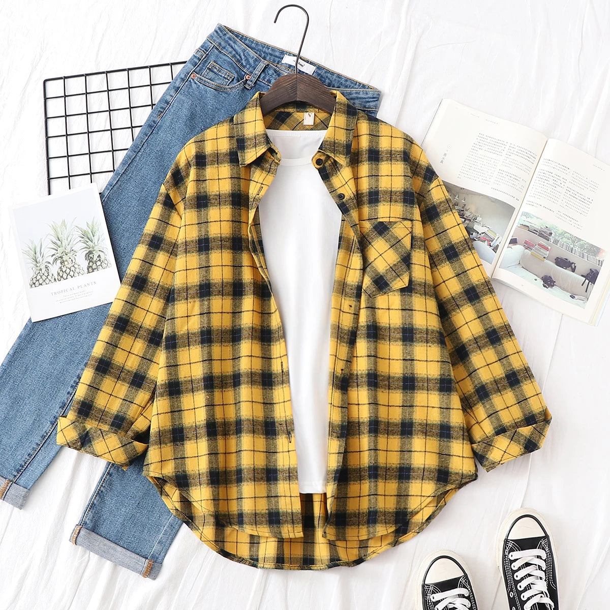 Women’s loose plaid shirt long-sleeve casual checked blouse