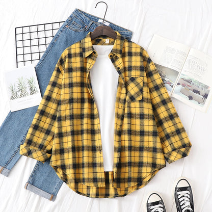 Women’s loose plaid shirt long-sleeve casual checked blouse